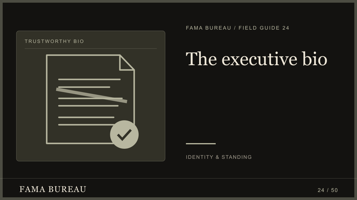 The executive bio: Current role, Relevant record, Human detail
